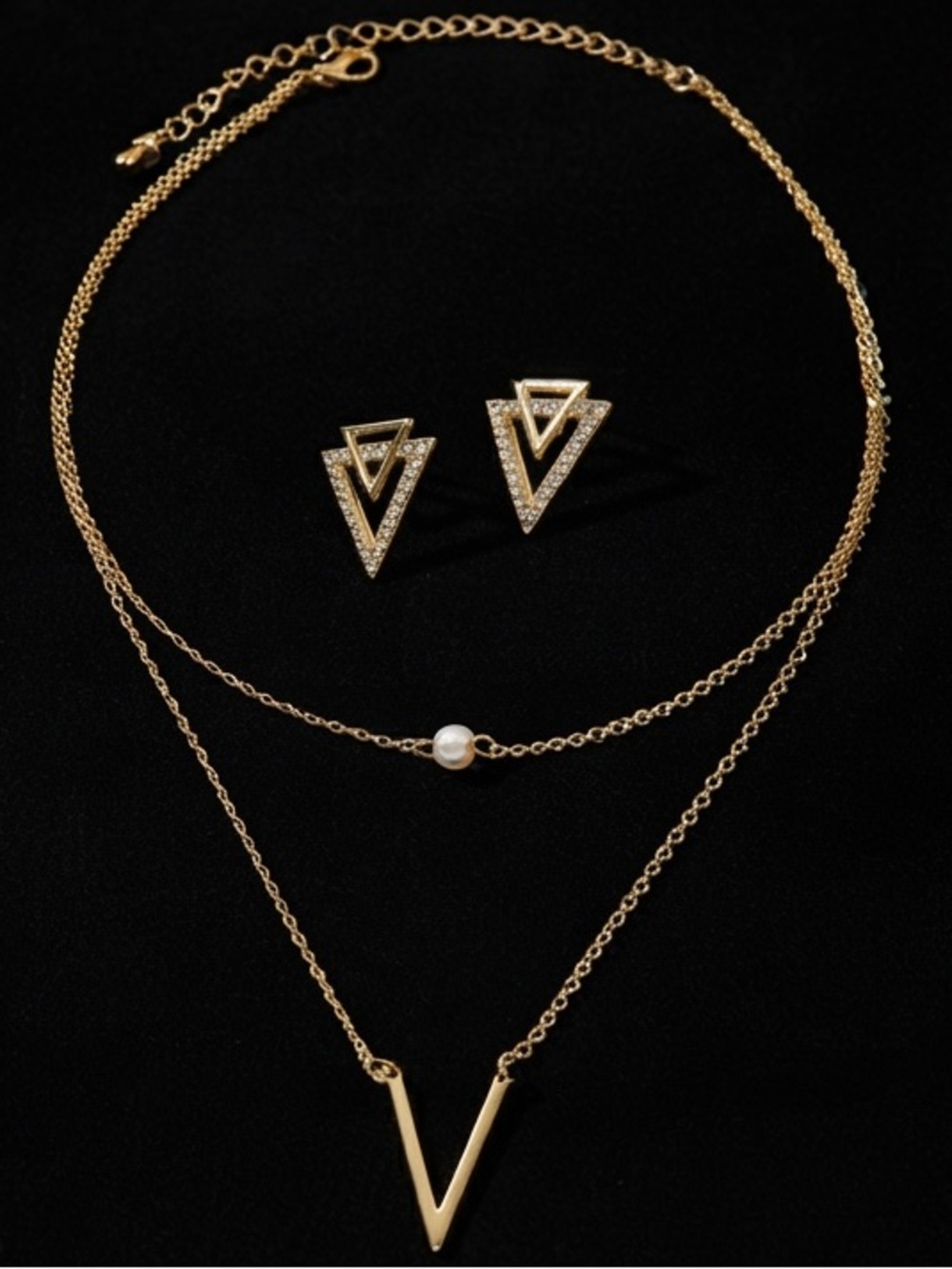 Gold Layered V Necklace with Pearl Accent & Triangle V Studs